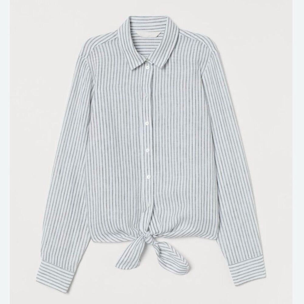 H&M | White Khaki Green Stripe Tie Waist Linen Blouse Top Button Down | Size XXL